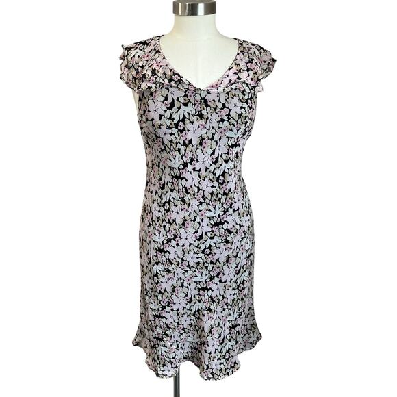 Y2K Casual Corner Annex Floral 100% Silk Ruffle V Neck Dress Size 10 - Picture 1 of 9